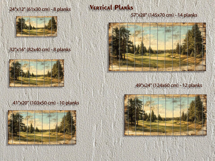 Five sizes of rustic golf course landscape art printed on vertical wood planks with a distressed finish.