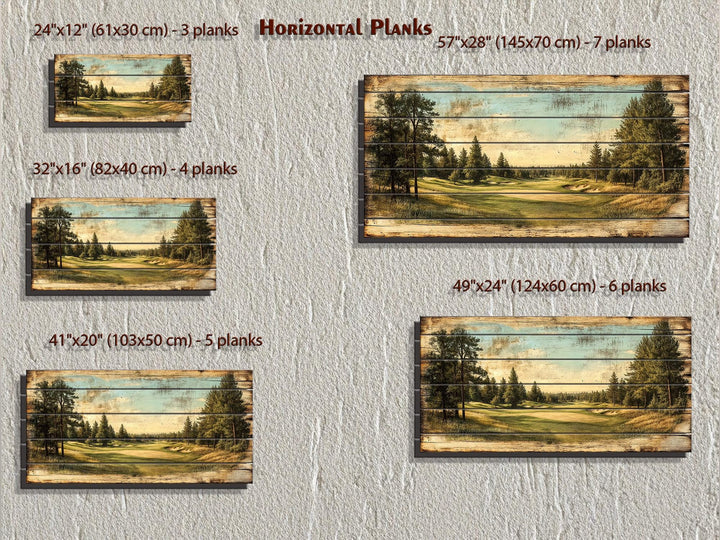 Five sizes of horizontal golf course landscape art printed on distressed wood planks.