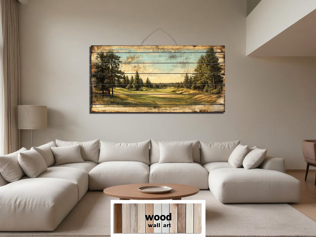 A panoramic golf course scene printed on distressed wood planks hangs above a modern sectional sofa.