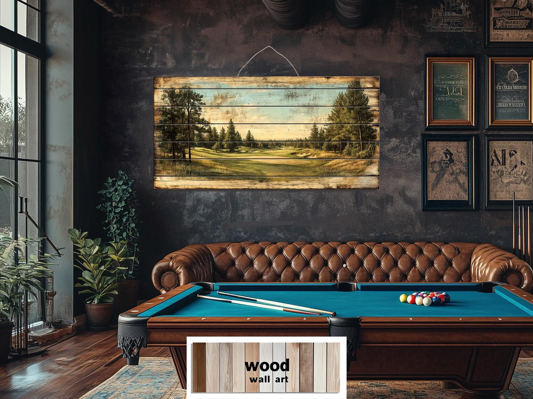Golf course landscape printed on distressed wood planks hanging in a rustic man cave.