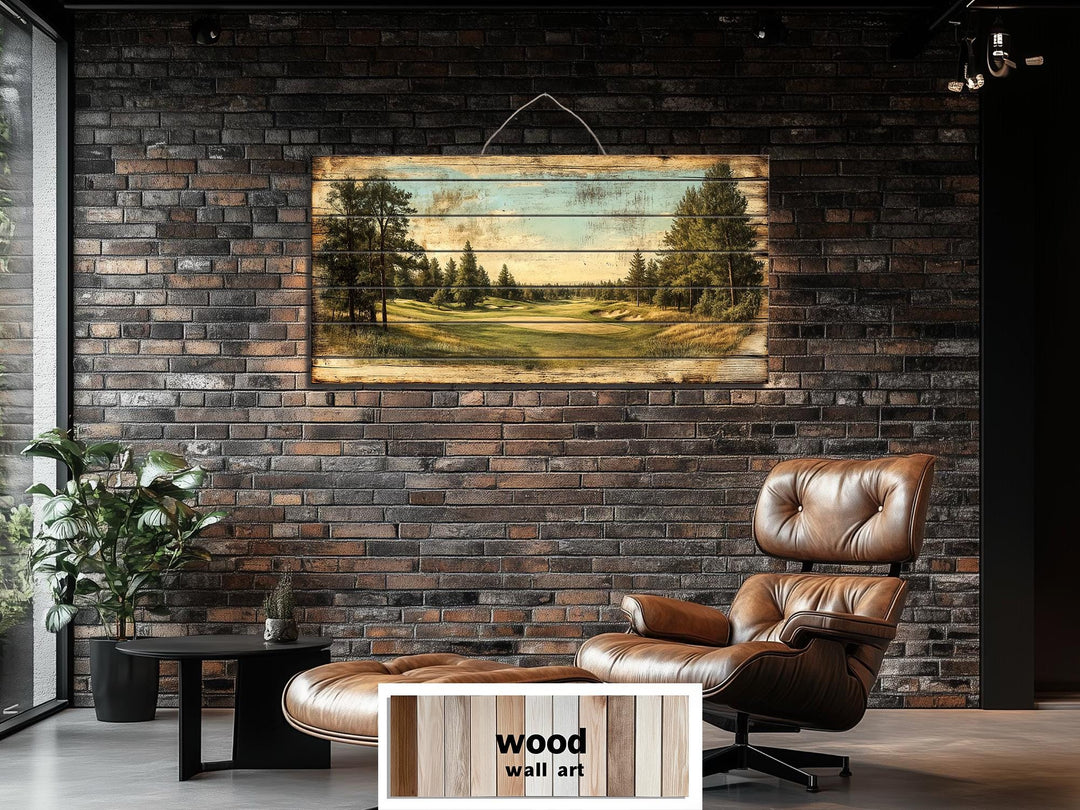 Golf course landscape printed on distressed wood planks, hanging on a dark brick wall.