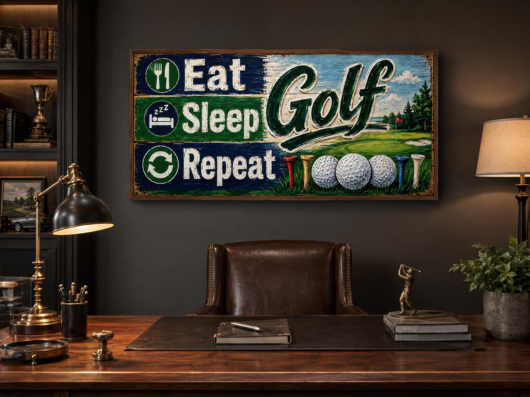 Vintage-style Eat Sleep Golf Repeat canvas wall art hanging above a dark wood desk in a home office.