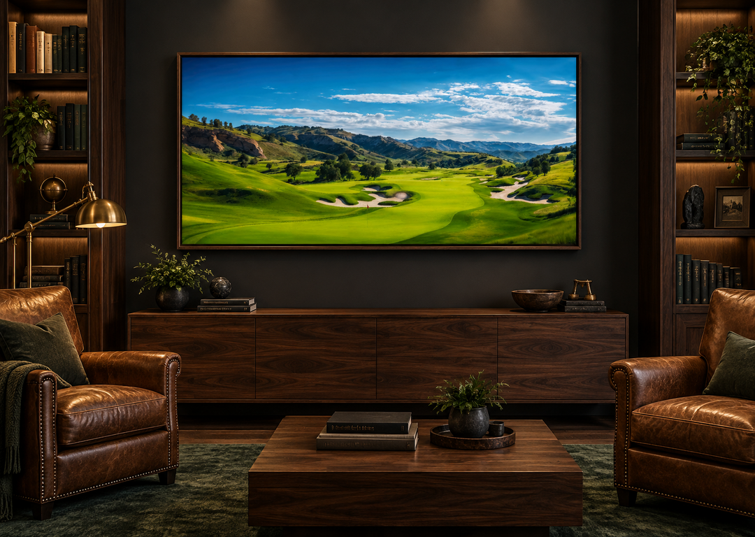 Extra large framed canvas wall art of a scenic golf course landscape in a dark wood study.