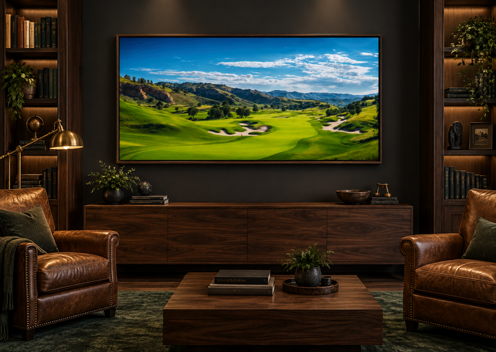 Extra large framed canvas wall art of a scenic golf course landscape in a dark wood study.
