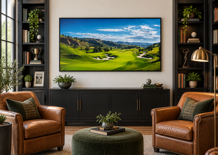 Extra large framed canvas wall art of a lush green golf course landscape in a dark wood living room.