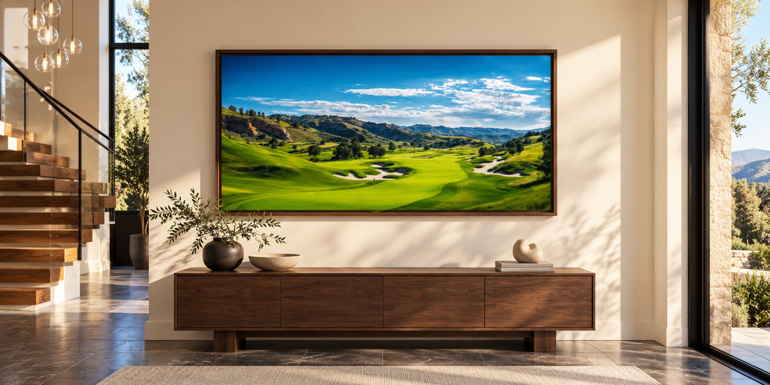 Extra large framed canvas wall art of a lush green golf course landscape above a wooden sideboard.