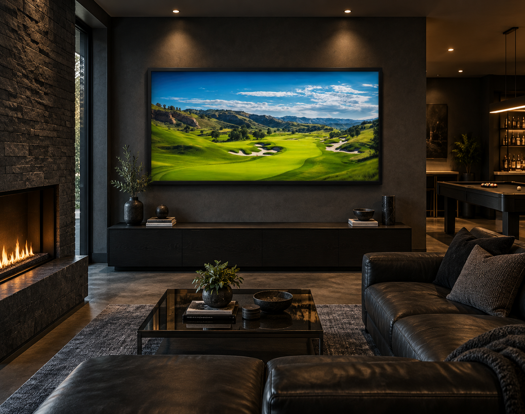 Extra large framed canvas wall art of a panoramic golf course landscape in a modern living room.