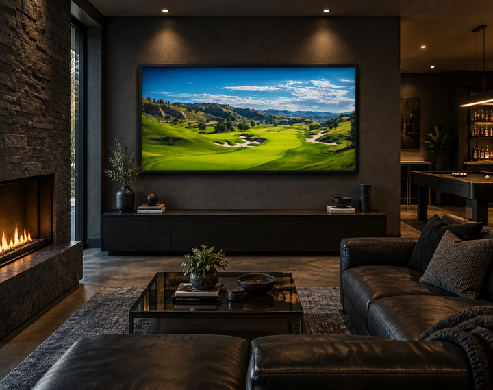 Extra large framed canvas wall art of a panoramic golf course landscape in a modern living room.