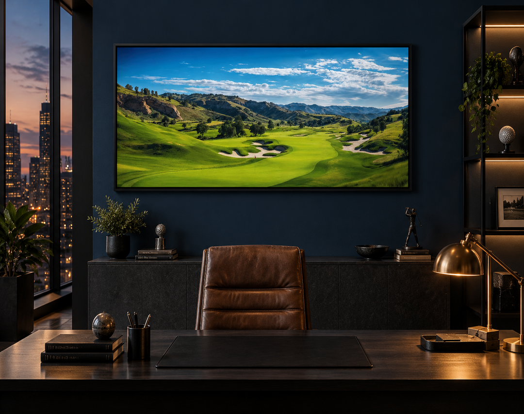 Extra large framed canvas wall art of a panoramic golf course landscape in a dark office setting.