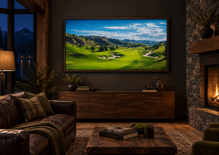 Extra large framed canvas wall art of a lush green golf course landscape in a dark living room.