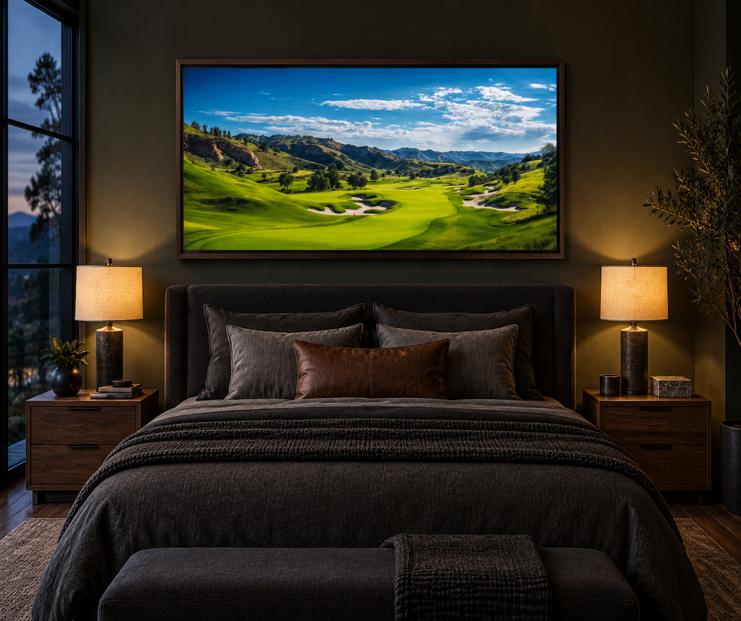Extra large framed canvas wall art of a panoramic golf course landscape above a bed.