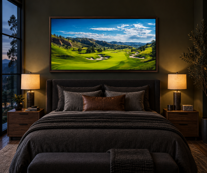 Extra large framed canvas wall art of a panoramic golf course landscape above a bed.