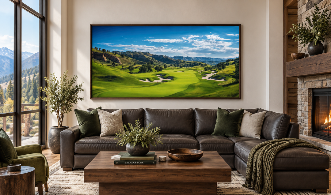 Extra large framed canvas wall art featuring a panoramic golf course painting over a leather sofa.