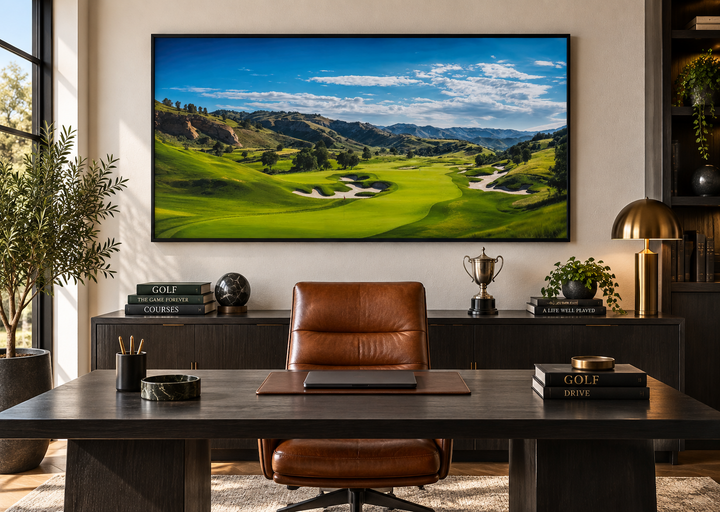 Extra large framed canvas wall art of a panoramic golf course landscape in a home office.