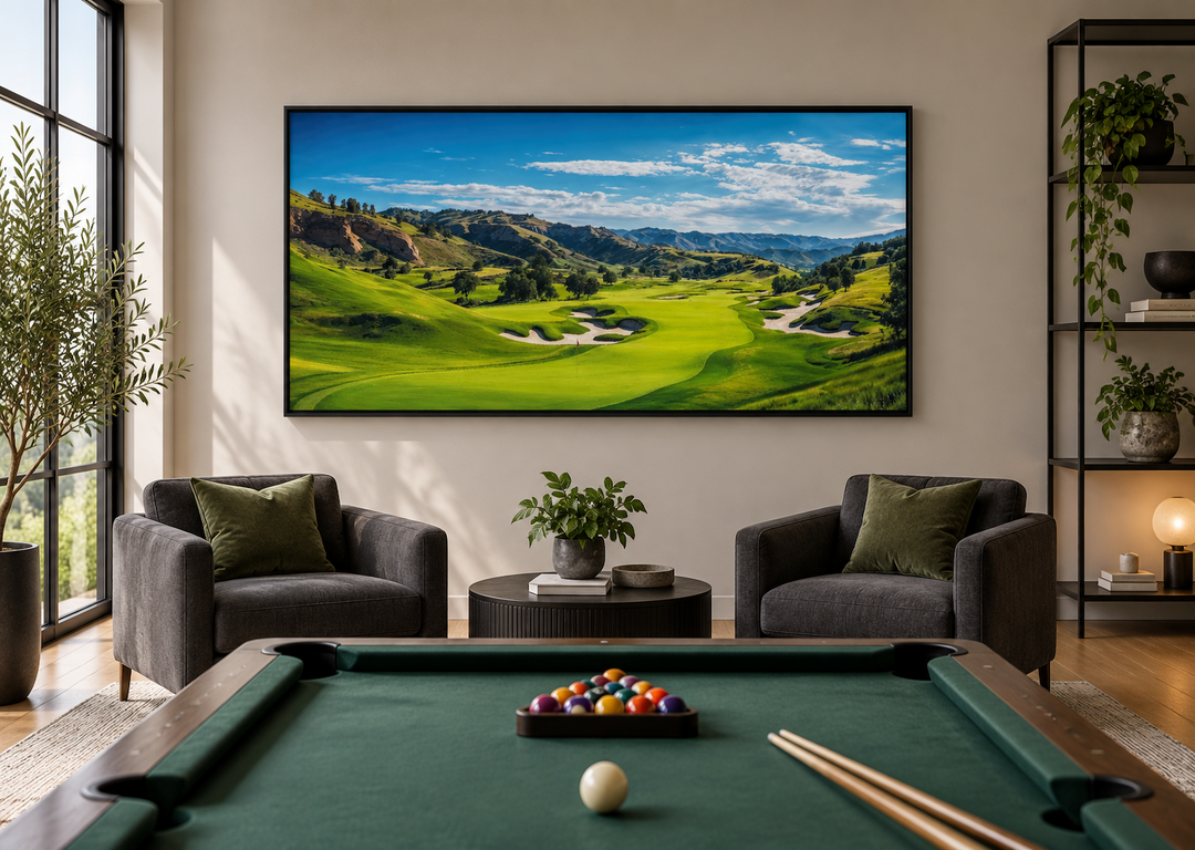 Extra large framed canvas wall art of a scenic golf course landscape in a modern living room.