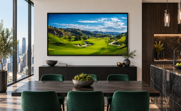 Extra large framed canvas wall art of a lush green golf course landscape in a modern dining room.
