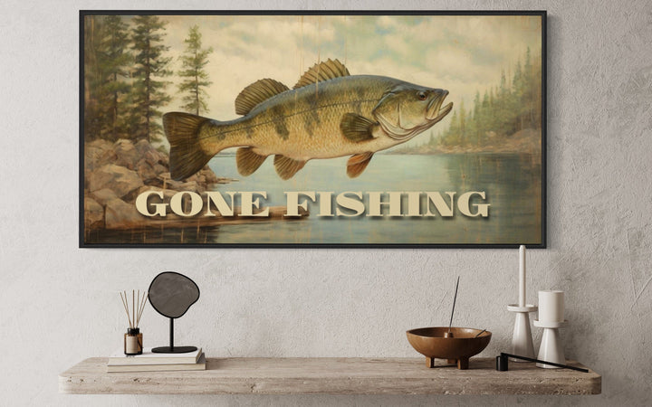 Gone Fishing Vintage Cabin Sign Framed Canvas Wall Art