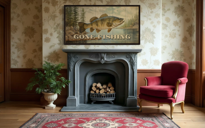 Gone Fishing Vintage Cabin Sign Framed Canvas Wall Art