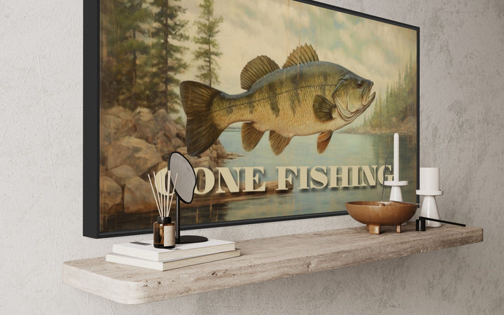 Gone Fishing Vintage Cabin Sign Framed Canvas Wall Art