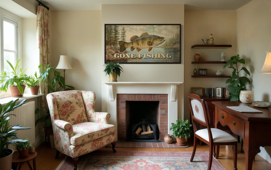 Gone Fishing Vintage Cabin Sign Framed Canvas Wall Art