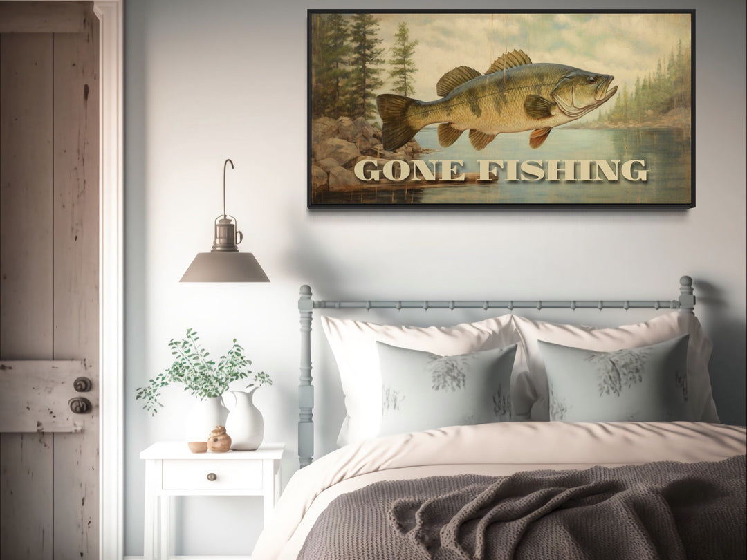 Gone Fishing Vintage Cabin Sign Framed Canvas Wall Art