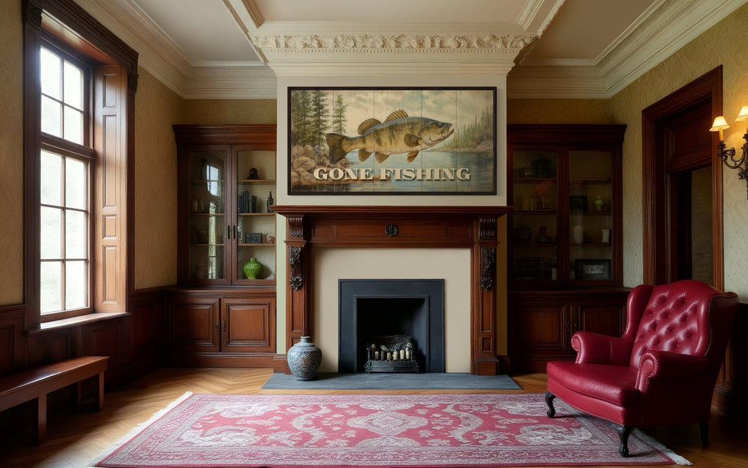 Gone Fishing Vintage Cabin Sign Framed Canvas Wall Art