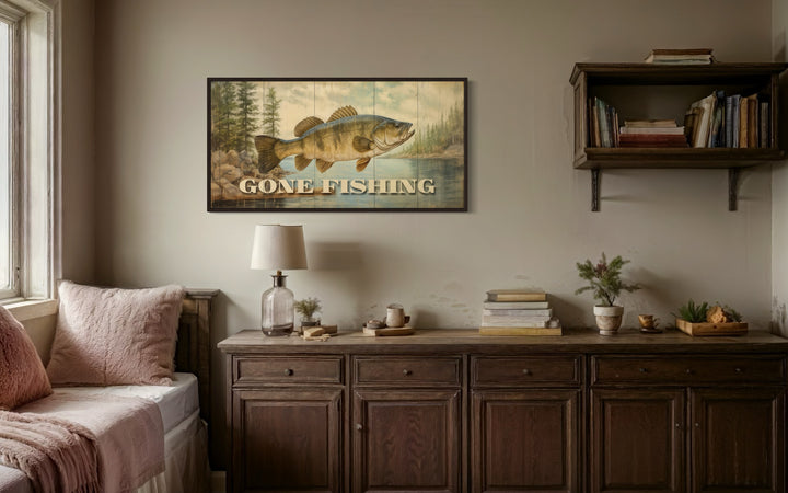 Gone Fishing Vintage Cabin Sign Framed Canvas Wall Art