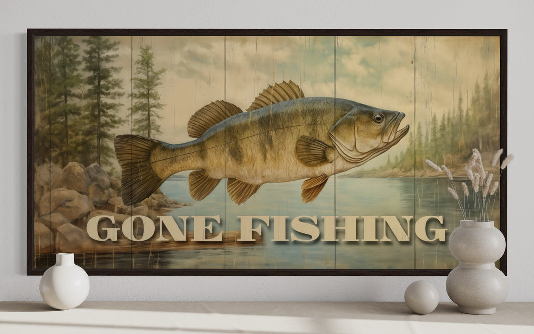 Gone Fishing Vintage Cabin Sign Framed Canvas Wall Art