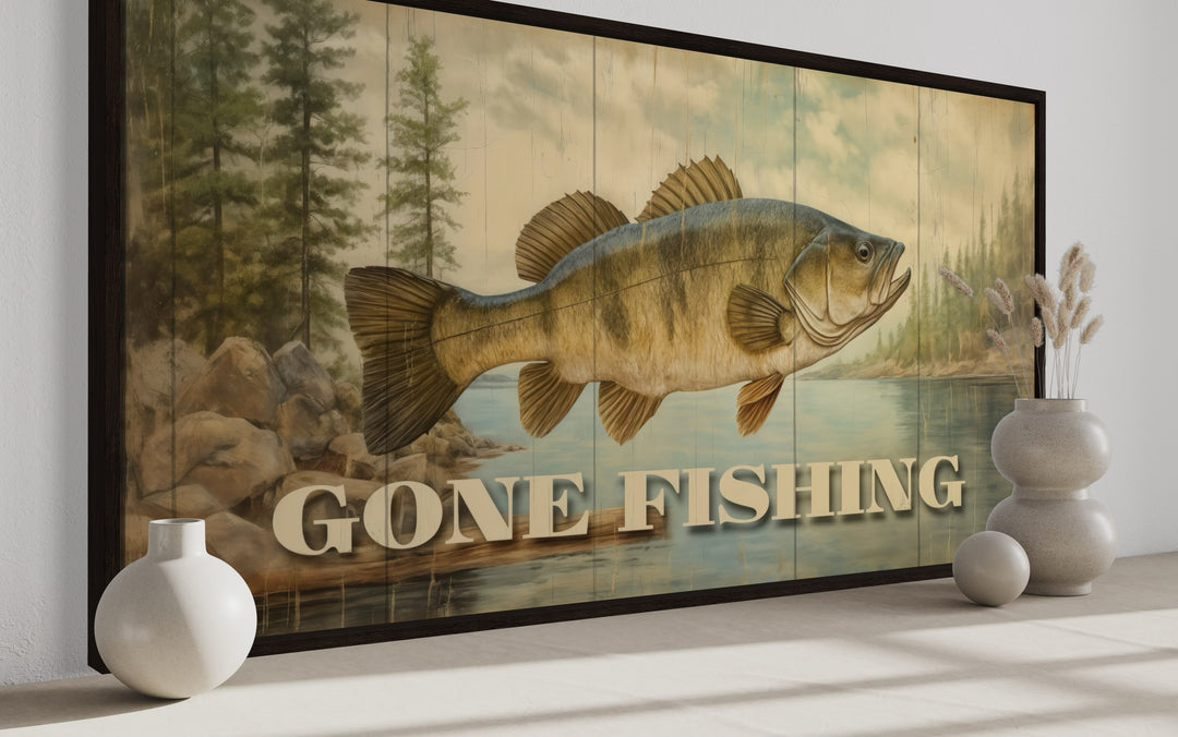 Gone Fishing Vintage Cabin Sign Framed Canvas Wall Art