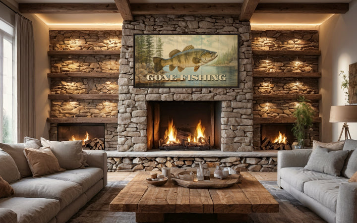 Gone Fishing Vintage Cabin Sign Framed Canvas Wall Art