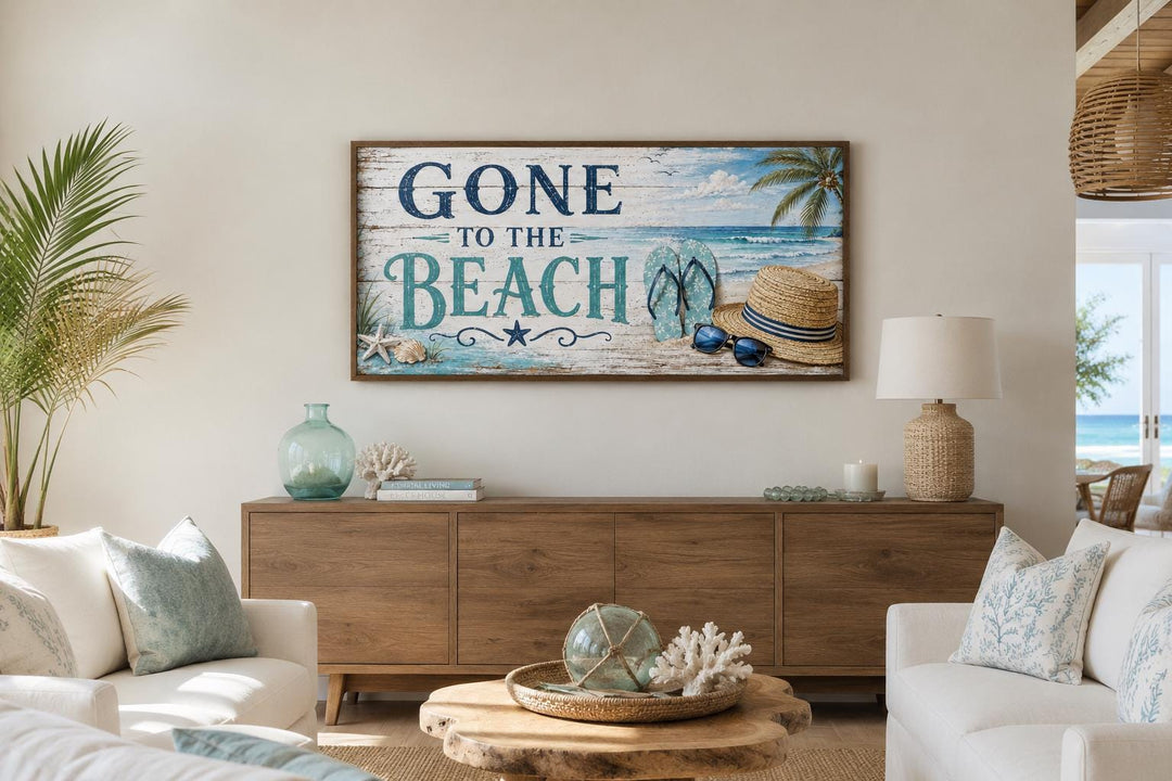 Gone To The Beach horizontal canvas print coastal wall art above a wooden sideboard in a living room