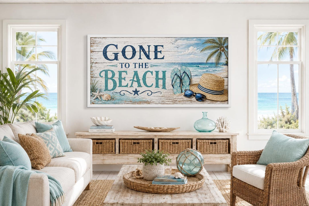 Gone To The Beach horizontal canvas print with coastal blue lettering and beach-themed illustrations.