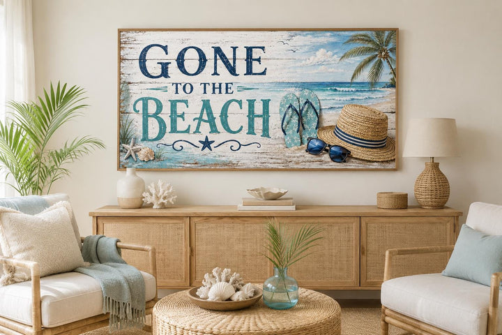 Gone To The Beach horizontal canvas print above a wooden console in a coastal living room.