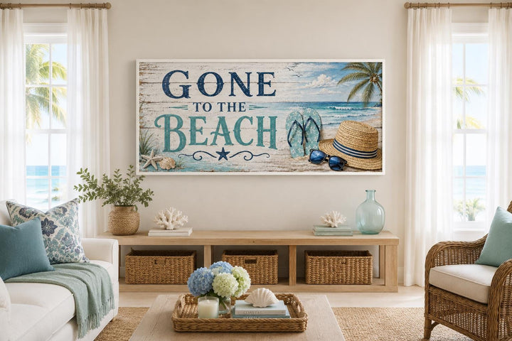 Gone To The Beach Sign horizontal canvas print with coastal blue lettering and beach day motifs.