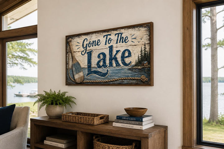 Gone To The Lake Sign canvas wall art with navy lettering and rustic lake house decor.