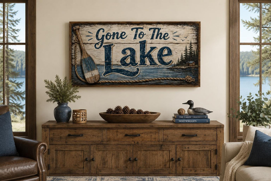 Rustic Gone To The Lake canvas wall art with navy lettering and a weathered wood-look background.