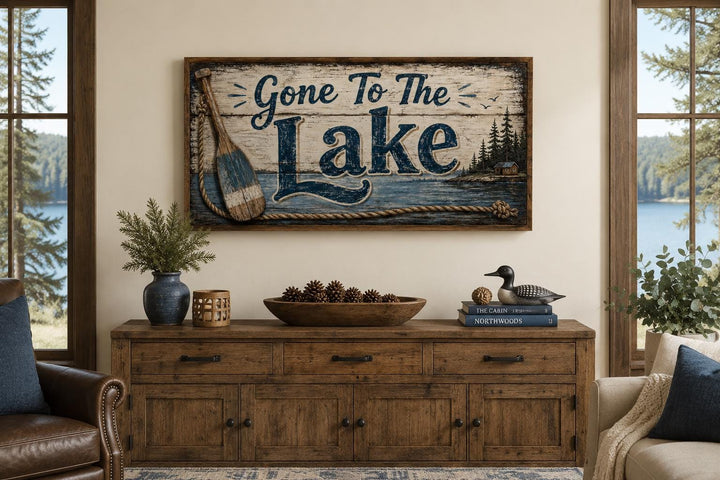 Rustic Gone To The Lake canvas wall art with navy lettering and a weathered wood-look background.