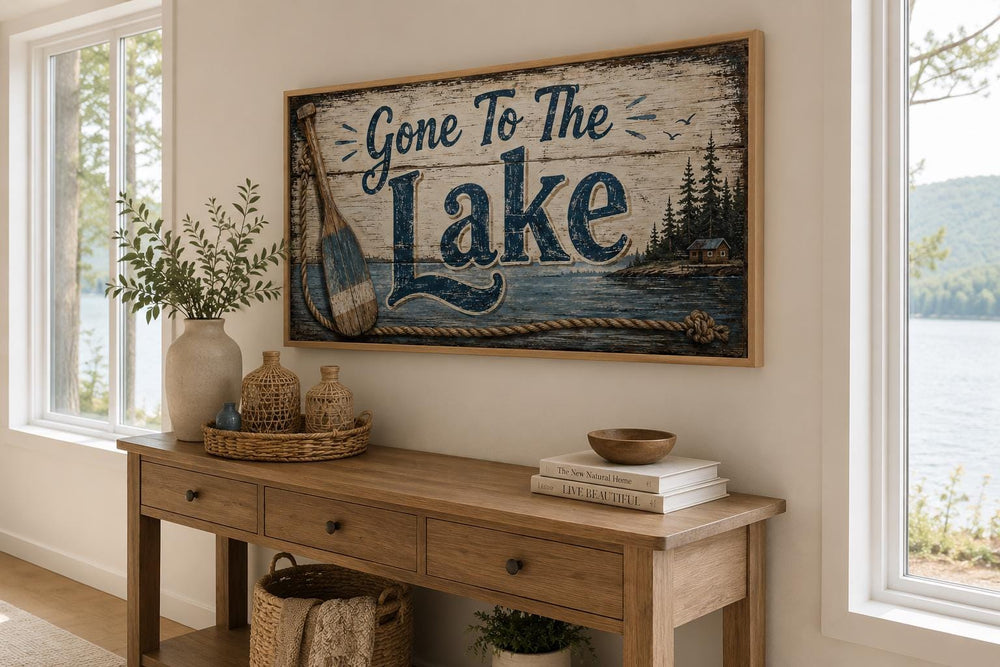 Gone To The Lake Sign canvas wall art with navy lettering and rustic lake scenery on a wood console.