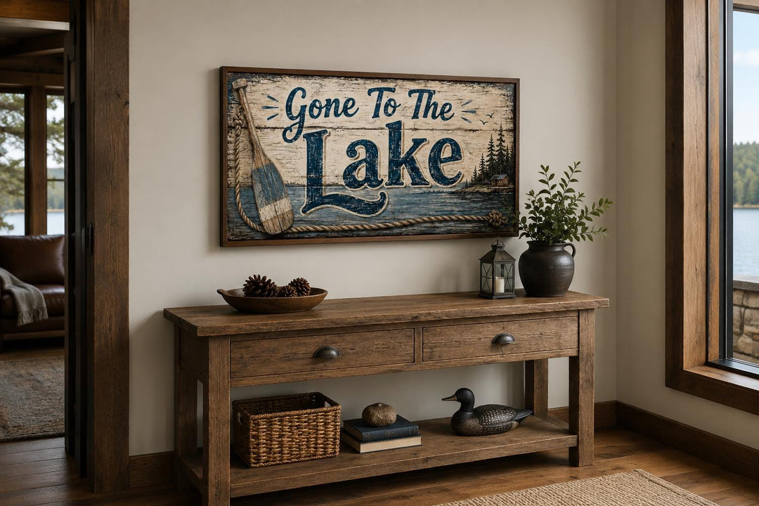 Gone To The Lake Sign canvas wall art with navy lettering and rustic lake house decor.