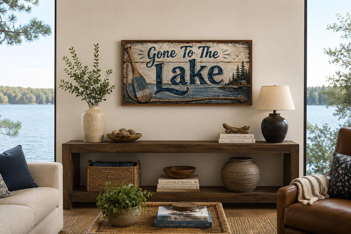 Gone To The Lake Sign canvas wall art with navy lettering and rustic lake house decor.