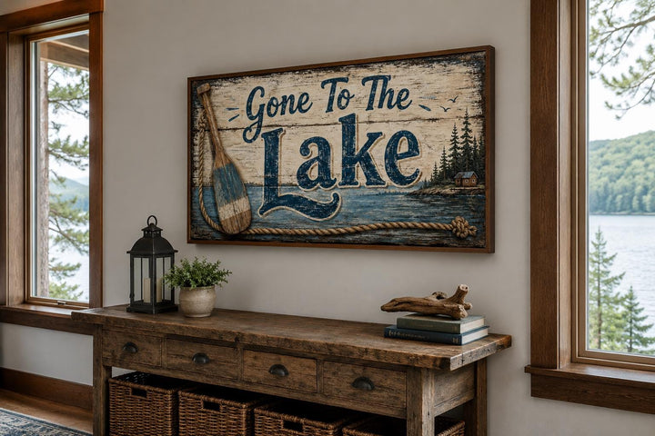 Gone To The Lake Sign canvas wall art with navy lettering and rustic lake house decor.