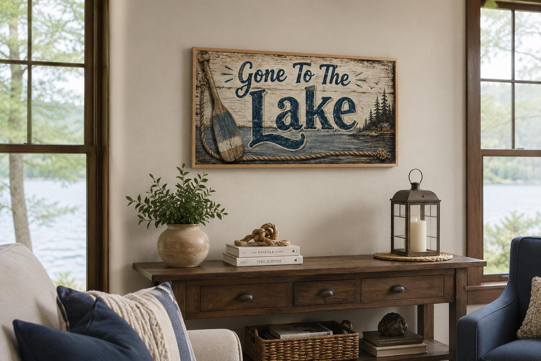 Rustic Gone To The Lake canvas wall art with navy lettering and an oar on a weathered background.