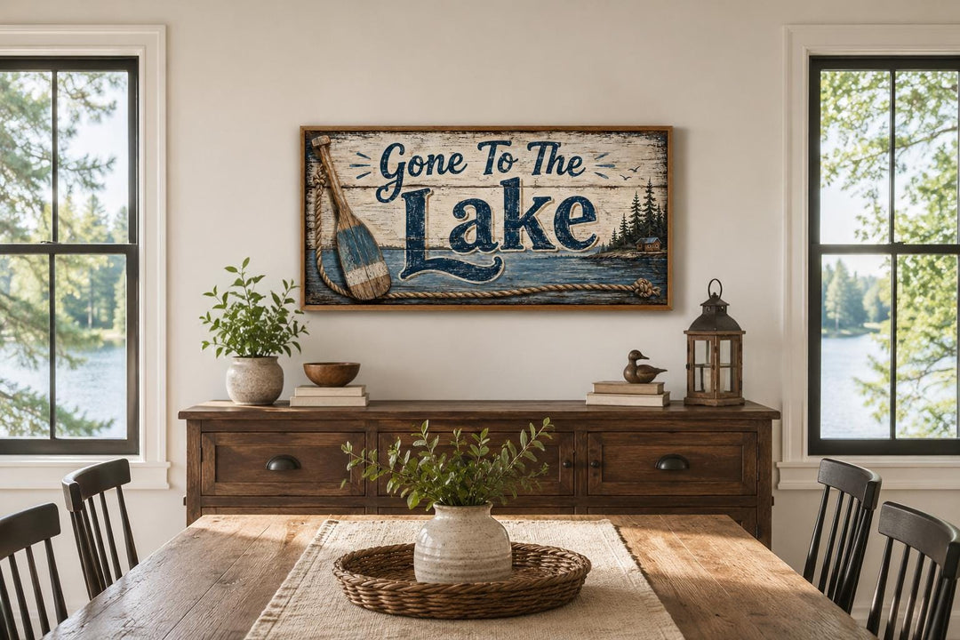 Gone To The Lake Sign canvas wall art with navy lettering and rustic lake scene over a sideboard.