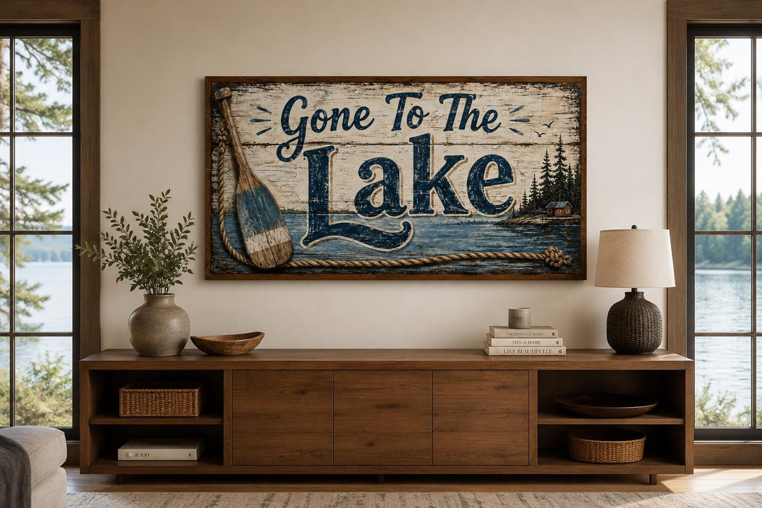 Rustic Gone To The Lake Sign canvas wall art with navy lettering and vintage paddle illustration.