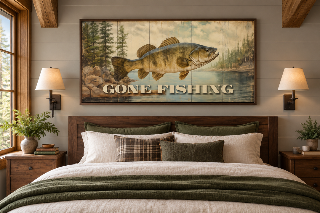 Rustic framed canvas print with a bass fish and 'Gone Fishing' text above a cozy cabin bed.