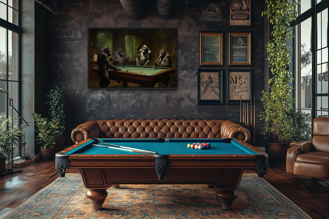 Gorillas Playing Billiards Framed Pool Room Canvas Wall Art