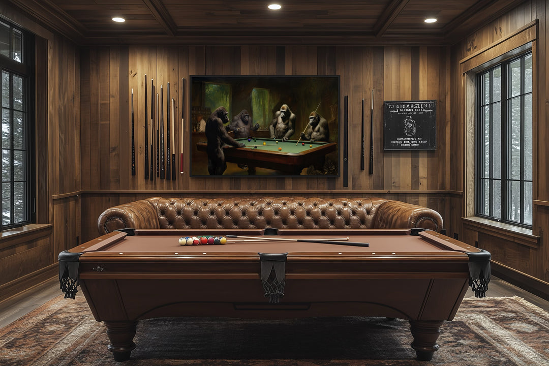 Gorillas Playing Billiards Framed Pool Room Canvas Wall Art