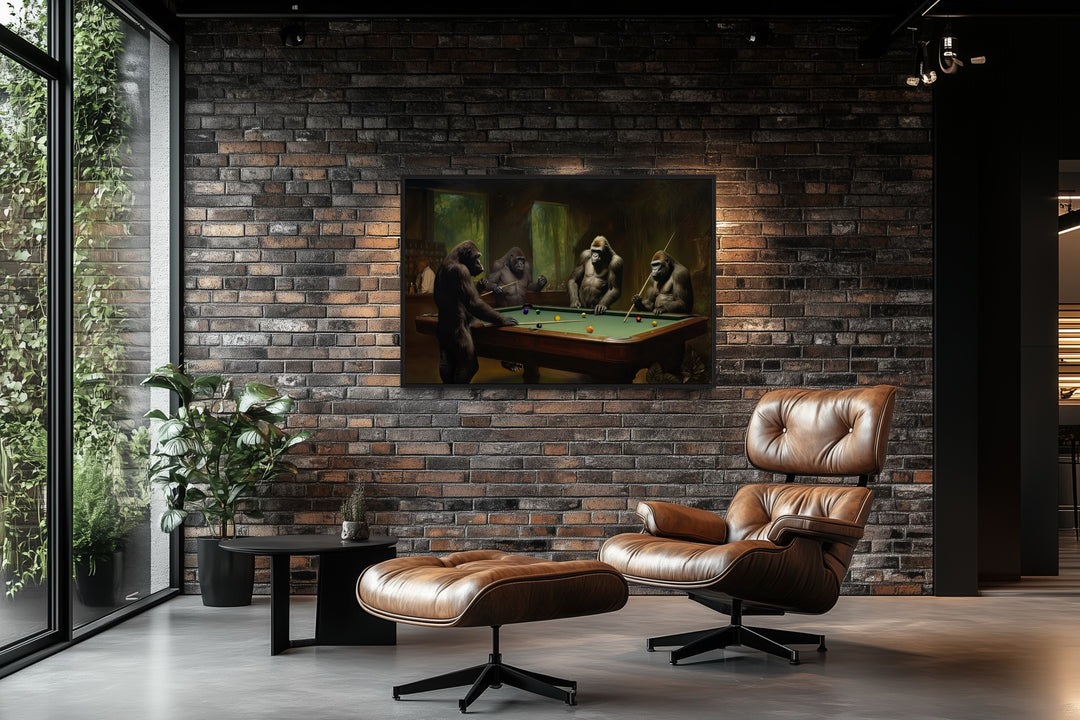 Gorillas Playing Billiards Framed Pool Room Canvas Wall Art