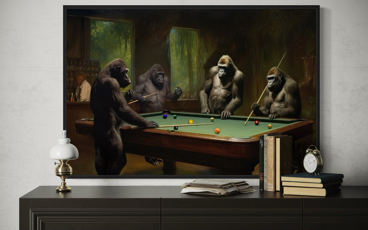 Gorillas Playing Billiards Framed Pool Room Canvas Wall Art