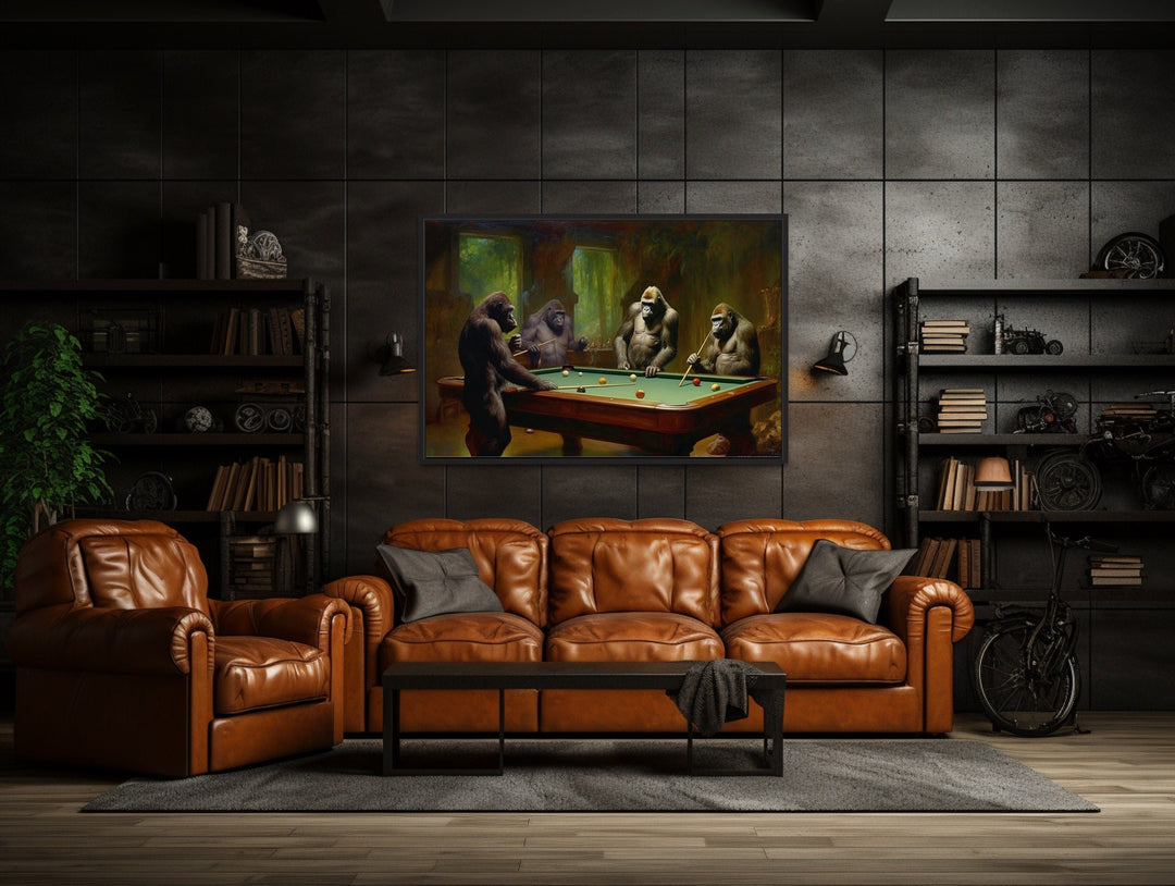 Gorillas Playing Billiards Framed Pool Room Canvas Wall Art